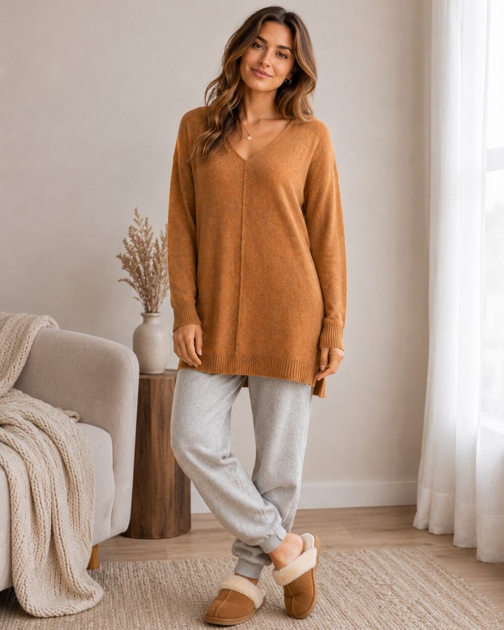 Women’s Orange Long V-Neck Knit Tunic Sweater Size XL
